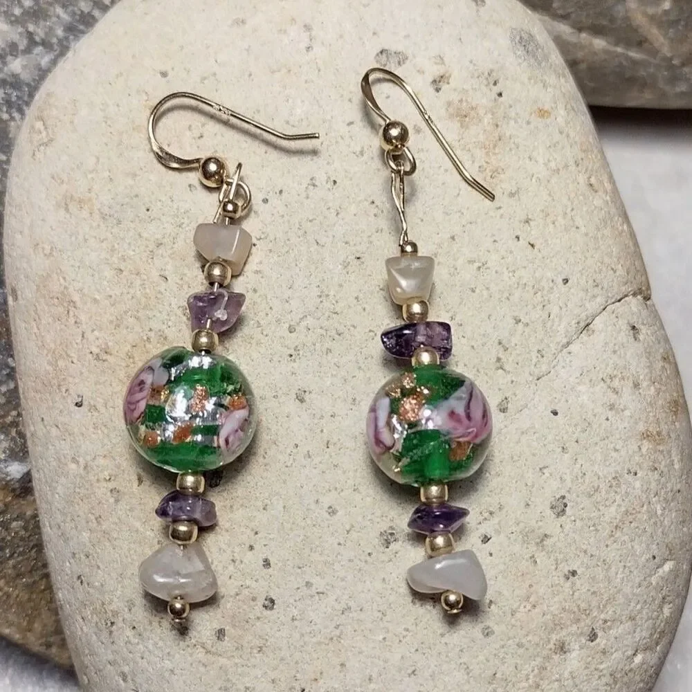 14k GF Murano Glass Foil Rose Bead Dangle Earrings